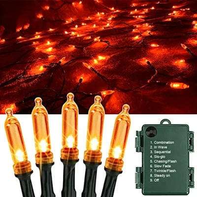 Bild av OEMG Ljusslingor för Halloween med orangea lampor, 8 ljuslägen 120, LED batteridrivna (3 x AA), vattentäta, dekorativ belysning utomhus/inomhus/trädgård/julfest (orange)