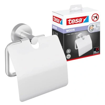 Bild av tesa MOON toalettpappershållare med lock, högblank förkromad metall, självhäftande, 53 mm x 140 128