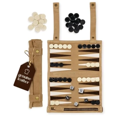 Bild av Amari ® Resa backgammon av 100 % läder rullbart för resor och på språng Back Gammon högkvalitativ resväska spel resebackgammon