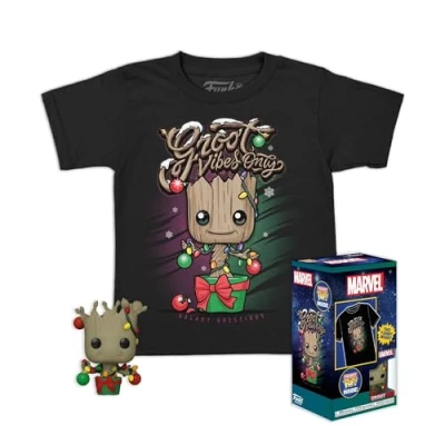 Bild av Funko Pocket POP! &amp; Tee: Guardians Of the Galaxy Holiday Groot Medium Marvel T shirt Kläder med samlarobjekt vinyl minifigur presentidé Leksaker och kortärmad topp för vuxna, unisex män