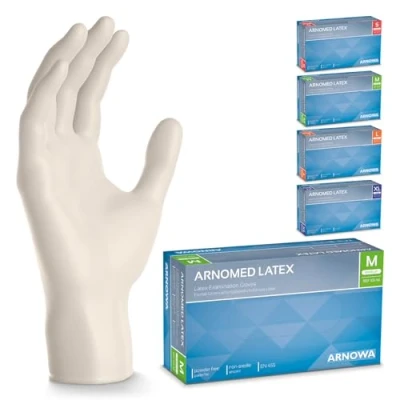 Bild av ARNOMED Latex engångshandskar M, vita, puderfria, 200 st/ask, engångshandskar, i latex, latexhandskar finns storlekarna XS, S, L &amp; XL.