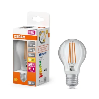 Bild av OSRAM LED Star Classic lampa med rörelsesensor och dagsljussensor, glödlampsform, 7,3 W / 806 lm, EEK A, varmvitt ljus (2700 K), tillverkad av klarfärgat blyfritt glas, E27 sockel, 60 mm diameter.
