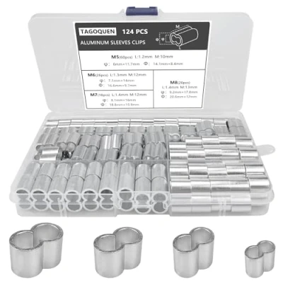 Bild av 124 stycken 4 storlekar aluminiumhylsor 5 mm 6 7 8 stålkabelklämma crimpklämma med dubbla ändar för elastisk sandowspännare sladd metallkabel