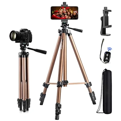 Bild av Telefonstativ, 51 tum passande videoinspelningskamera stativ med mobiltelefon rotationsfäste och Bluetooth fjärrkontroll kompatibel iPhone/Android/DSLR kamera/actionkamera GoPro champagne