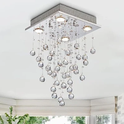 Bild av Bestier modern kristall regndroppe ljuskrona belysning infälld montering LED taklampa armatur pendellampa för matsal badrum sovrum vardagsrum 4 GU10 lampor krävs bredd 35 cm höjd 50