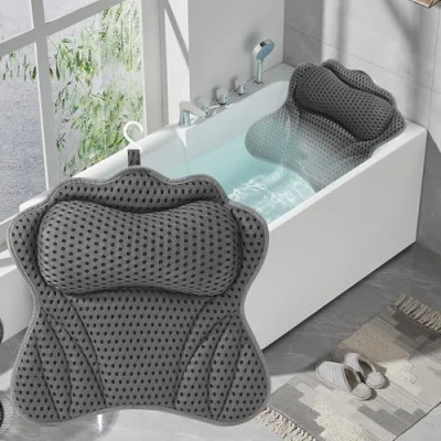 Bild av badkarskudde, kudde, halkfri badkarskudde med 4D Air Mesh teknik och 6 sugkoppar, badrumskudde, stöd för huvud, nacke axlar, lämplig badkar, spa (grå)