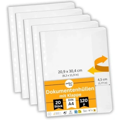 Bild av perfekt line 20 Dokumentkuvert med omslagsflik DIN A4, plastfickor för A4 papper, transparent, texturerad, matt, syrafria, Dokumentsäkra, Made in EU