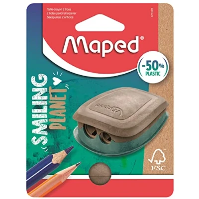 Bild av Maped Smiing Planet pennvässare ansvarsfull och praktisk 50% FSC certifierad träfiber Ergonomisk kompakt 2 håls med reserv, lätt att öppna