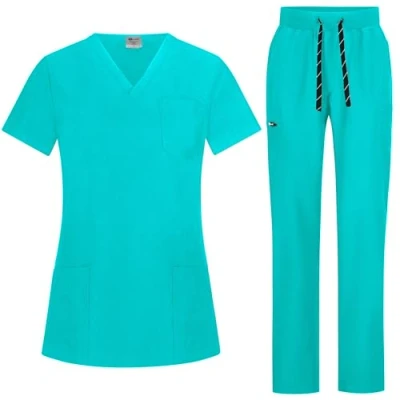 Bild av B well Bella damskrubbset slip väska + on byxor set medicin läkare uniform jacka topp med medicinska arbetskläder elastan, Teal, L