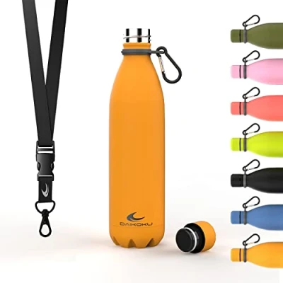 Bild av Daikoku Stainless Steel Bottle + Justerbart band karbinhake, BPA Free Double Walled Thermos, återanvändbar vattenflaska, lufttät lock, färg gul, kapacitet 750 ML