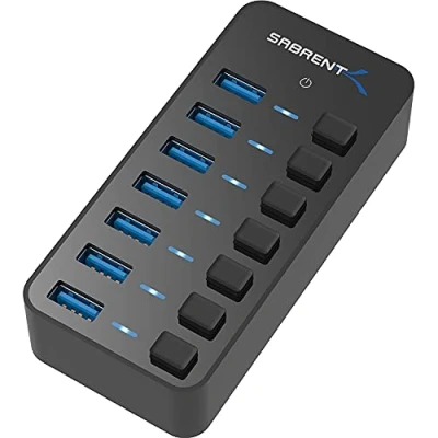 Bild av SABRENT USB hubb strömförsörjning, 3.2 Data Hub 7 portars dockningsstation, 5V/3A 36W strömadapter, multiport med switchar och lysdioder för individuella strömindikatorer (HB BUP7)