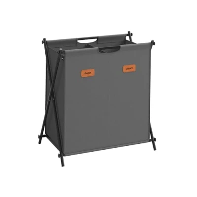 Bild av SONGMICS tvättkorg, 115 liters tvättlåda, 2 fack, hopfällbar X ram, individuella etiketter, för tvättstuga, sovrum, badrum, skiffergrå LCB120G01