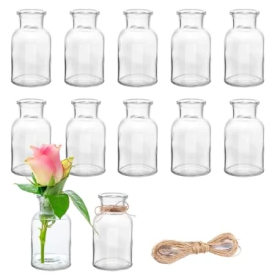 Bild av DATEFUN 12 stycken miniglasvaser, 125 ml små burkar med jutesnöre, blomvaser, bordsvaser, glasvaser, dekorativa flaskor, glasflaskor för bordsdekoration, mittstycken, bröllopsdekorationer