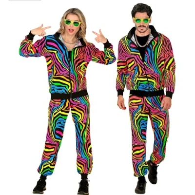 Bild av Widmann Kostym träningsoverall, djurtryck, neonregnbågsfärger, 80 tals outfit, joggingdräkt, badknapp karnevalkostymer
