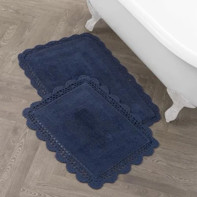 Bild av Laura Ashley Virkad badrumsmatta i bomull, 43 x 61 cm (17 24 tum)/53 86 (21 34 tum), 2 delat set, indigoblå