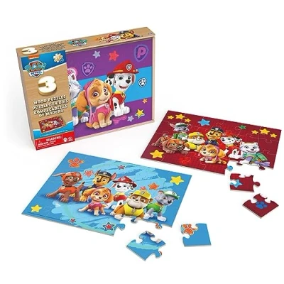 Bild av PAW Patrol träpusselsamling, set om 3 med stabil trälåda för förvaring, 24 delade barnpussel, pusselkul förskolebarn från år