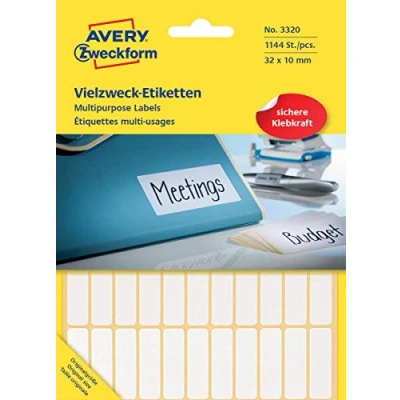 Bild av Avery Zweckform 3320 hushållsetiketter självhäftande (31 x 10 mm, 1 144 klistermärken på 26 ark, multifunktionsetiketter för hushåll, skola och kontor märkning identifiering) blank, vit