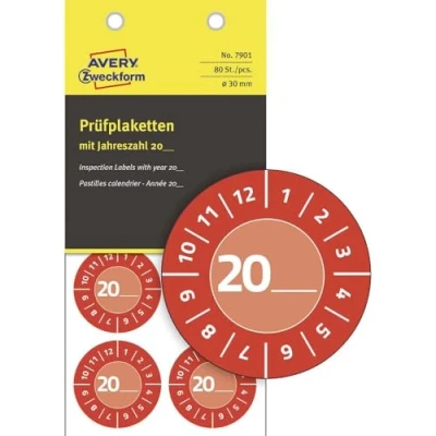 Bild av Rød inspektionsetiket Ø30 mm med årstal 20__ til selv at udfylde, Vinyl (10 ark x 8 stk.)
