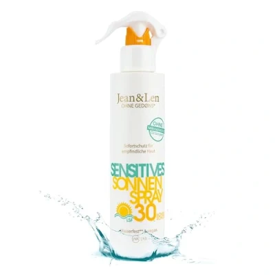 Bild av Jean &amp; Len Sensitiv Sunspray 30 SPF vattenfast, för känslig hud, utan silikoner, nanopartiklar, oktokrylen, mikroplaster, mineralolja, doft och färgämnen, vegan, resestorlek 100 ml
