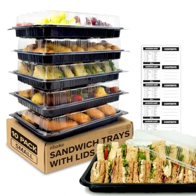 Bild av ebake Sandwich Platter Brickor med Lock 10 pack Återanvändbara Catering och Klistermärken (34 x 24,5 7,4 cm) för Party Matbricka, Sushi Måltidsförberedelse