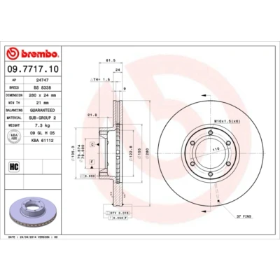 Bild av BREMBO 09.7717.10 Disque de frein 280 24 6 ventilé l&#039;intérieur RENAULT: MASTER 2 Bus, Kasten, Pritsche/Fahrgestell