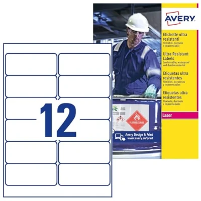 Bild av AVERY Zweckform L7913 10 slitstarka folieetiketter (120 klistermärken, 99,1 x 42,3 mm på A4, extremt stark självhäftande, för svåra ytor, tryckbar utomhuslimfolie) ark, vit