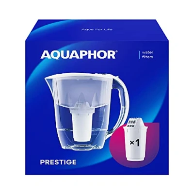 Bild av AQUAPHOR vattenfilter Prestige Vit inklusive 1 A5 filter I Karaff för 2,8 liter Passar kylskåpsdörren Minskar kalk och klor Bordssvattenfilter Praktisk filterkanna