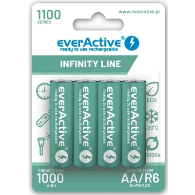 Bild av everActive Batteri AA 1100 mAh 4 stycken, NI MH, Mignon R6, uppladdningsbar, förladdad, Infinity Line 1,2 V, 1 blisterkort, grön, EVHRL6