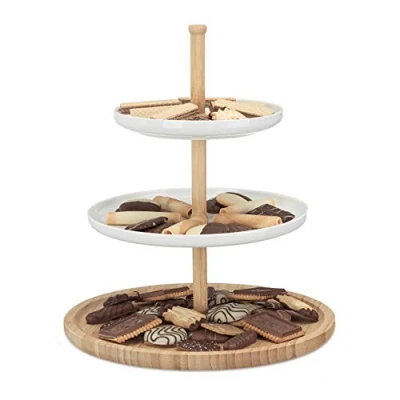 Bild av Relaxdays Våningar bambu och keramik, 3 våningar, serveringsfat, D x H: 30 36 cm för kex, frukt, snacks, naturvit