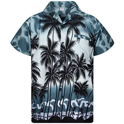 Bild av V.H.O. Funky Hawaii skjorta för män, kortärmad framficka, standardpassform, sommarskjorta, strand, semester, palmer, Vho_beach grå, 3XL
