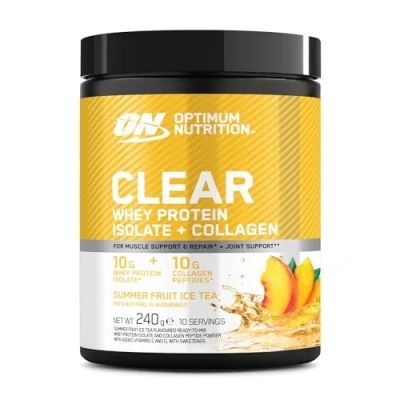 Bild av Optimum Nutrition Clear Whey + Collagen, Smak av Sommarfrukt Ice Tea, 10 g Vassleisolat och Kollagenpeptider per Portion, Klar Proteindryck för Leder*, 240 g, Portioner