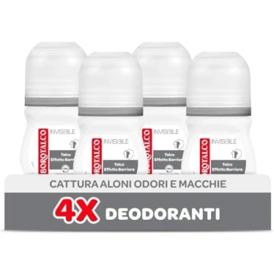 Bild av Borotalco, Osynlig grå Roll On Deodorant, med talk barriäreffekt, fångar och överför inte strejker, 48h effektiv, alkoholfri, klassisk doft 4 stycken på 50 ml Amazon exklusiv