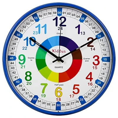 Bild av KIDDUS Väggklocka För Pojkar Och Flickor. Tyst Analogiskt Väggur Att Lära Sig Klockan Med Övningar. XL BLUE 30cm diameter