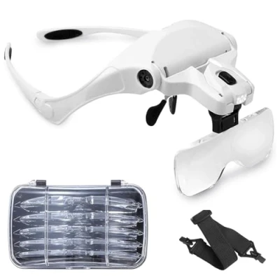 Bild av Sinzau Pannband förstoringsglas med LED ljus, för handsfree läsning, juvelerarhantverk, klockreparation, hobbyhobbyarbete, 5 linser 1,0 x 1,5 2,0 2,5 3,5