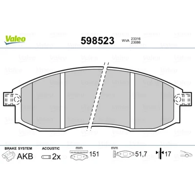 Bild av VALEO 598523 Jeu de plaquettes frein Essieu avant contact signal d&#039;usure inclus sans tôle anti bruit MITSUBISHI: L200 III Pick up