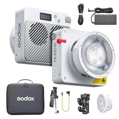 Bild av godox ML100Bi Kit2 120 W tvåfärgad LED videolampa, 2800 K 6500 K, CRI97+, TLCI98+, appkontroll, 11 ljuseffekter, hållare med 15 och 36 linsreflektor V Mount batteri tillbehörssats