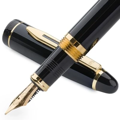 Bild av Wordsworth &amp; Black Majesti reservoarpenna set, medium spets, inkluderar 6 bläckpatroner, bläckpåfyllningsomvandlare, presentask, journaling, kalligrafi [svart guld]