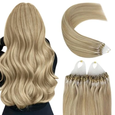 Bild av YoungSee Micro Loop hårförlängningar blond Remy mikropärla förlängningar mörk aska höjdpunkt gyllene mikrohårförlängningar äkta mänskligt hår mikrolänk 50 cm 1 g/s