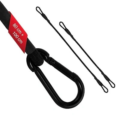 Bild av ECENCE 2x spänngummi med karbinhake 1x 100cm + 80cm in svart spännband av gummi, för bagage, expander, spännrep cykel, bil, transportsäkerhet