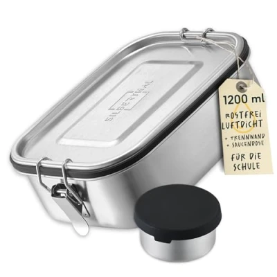 Bild av SILBERTHAL Lunchbox i rostfritt stål 1200 ml med avtagbart fack och såsburk lock lunchlåda för skola, kontor, picknick