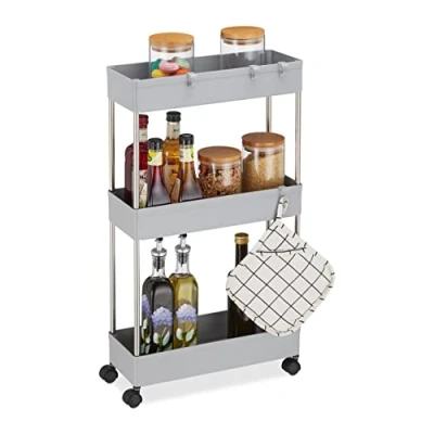Bild av Relaxdays nischvagn, plast, HBT: 70 x 15,5 40,5 cm, smal nischhylla badrum &amp; kök, 4 krokar, 3 fack, grå