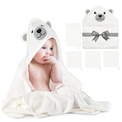 Bild av Momcozy Bambu baby badhanddukar set 5 pack, 1 x babyhanddukar med huva nyfödda, 3 tvättlappar, badhandskar, mjuk och superabsorberande handduk, unisex