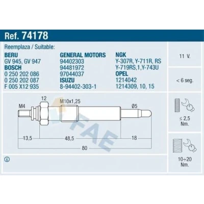 Bild av FAE 74178 Bougie de préchauffage 11V M 10x1.25 OPEL: Astra F CC, Corsa A Kadett E Berline, ISUZU: Midi I Van