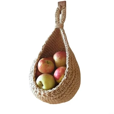 Bild av hängande korg fruktkorg väggkorg, vägg grönsaker frukt korgar jute eko bomullsrep, väggkorg kan användas i kök, dekoration, vardagsrum, veranda