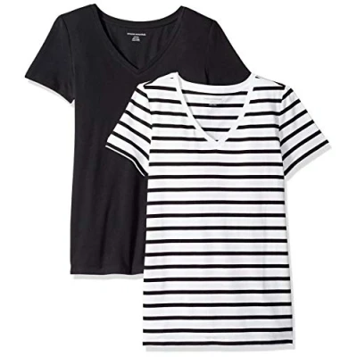 Bild av Amazon Essentials Women&#039;s Kortärmad V ringad T shirt klassisk passform, Pack of 2, Svart/Vit Rand, L