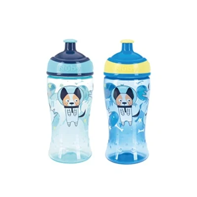 Bild av Nuby Super Slurp vattenflaska inget spill aktiv smuttkopp för småbarn 360 ml / 12 oz enkelt grepp diskmaskinssäker lämplig bägare 18 månader plus (Astronauter, 2 pack)