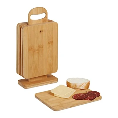 Bild av Relaxdays Frukostbräda med stativ, set om 6, små skärbrädor bambu, 22 x 16 cm, brödskivor, natur