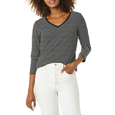 Bild av Amazon Essentials Women&#039;s V ringad T shirt klassisk passform med kvartsärmar (finns i plusstorlek), Svart Vit Rand, XS