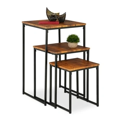 Bild av Relaxdays Sidobord set om 3, stapelbar, industriell design, bordsset 3 storlekar, kvadrat, metall, brun/svart, plast, 76 x 46 cm
