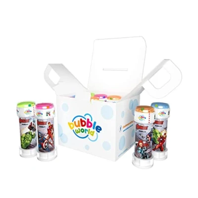 Bild av Bubble World Avengers Party Pack 12 stycken bubbelrör 60 ml enfärgade rör och inbyggd fläkt perfekt för födelsedagsfester Tillverkad i Italien